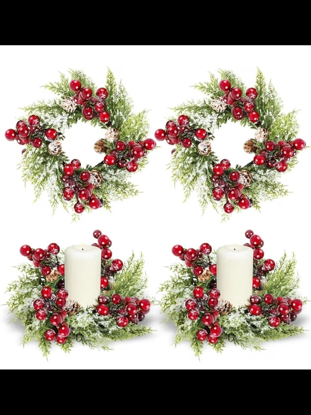 Cozy Holiday Candle Centerpiece with Red Berries. 4 Piece Set. NEW.